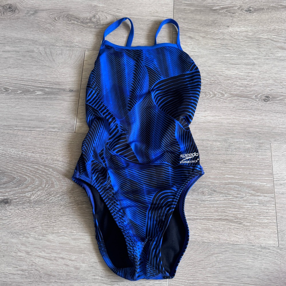Speedo Endurance+ Blue Black Abstract Flyback One Piece Swimsuit 26 7719902